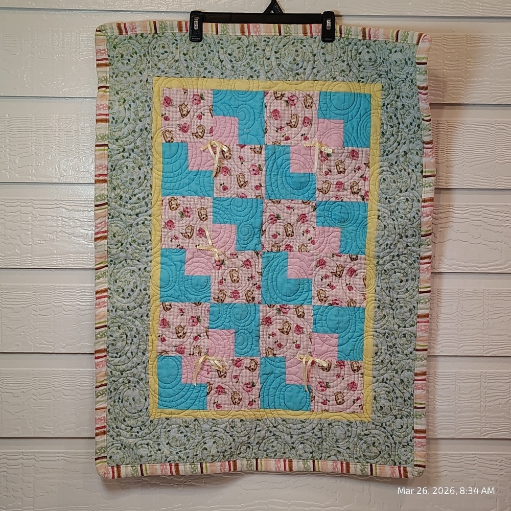 BABY BLANKET QUILT LAP SPRING COTTAGE CORE SHABBY CHIC 36X28 BUNNY RABBIT RIBBON
